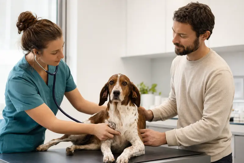 Ein ruhiger Balearen Laufhund wird behutsam von einer freundlichen Tierärztin mit einem Stethoskop untersucht, während der Besitzer beruhigend daneben steht.