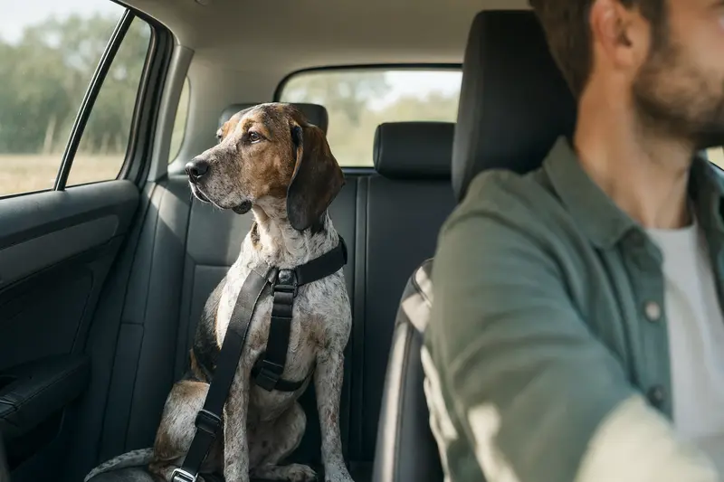 Ein Balearen Laufhund sitzt sicher angeschnallt auf der Rückbank eines Autos, während der Besitzer entspannt fährt.