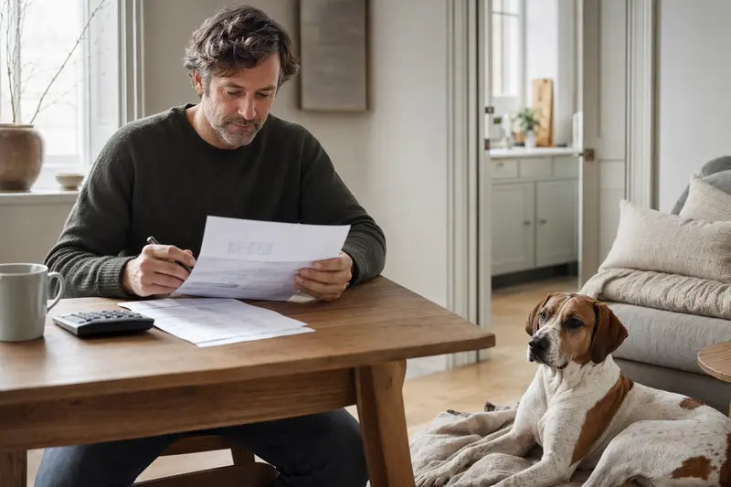Ein entspannt liegender Balearen Laufhund neben einer Tierarztrechnung auf einem Tisch.