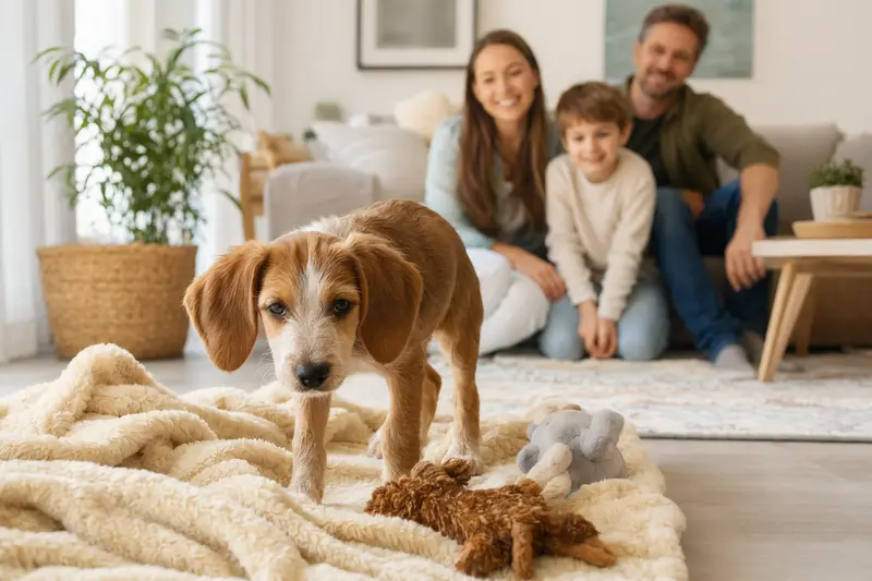 Ein neugieriger Balearen Laufhund Welpe erkundet seine weiche Decke und Spielzeuge in einer hellen Wohnung mit liebevoller Familie.