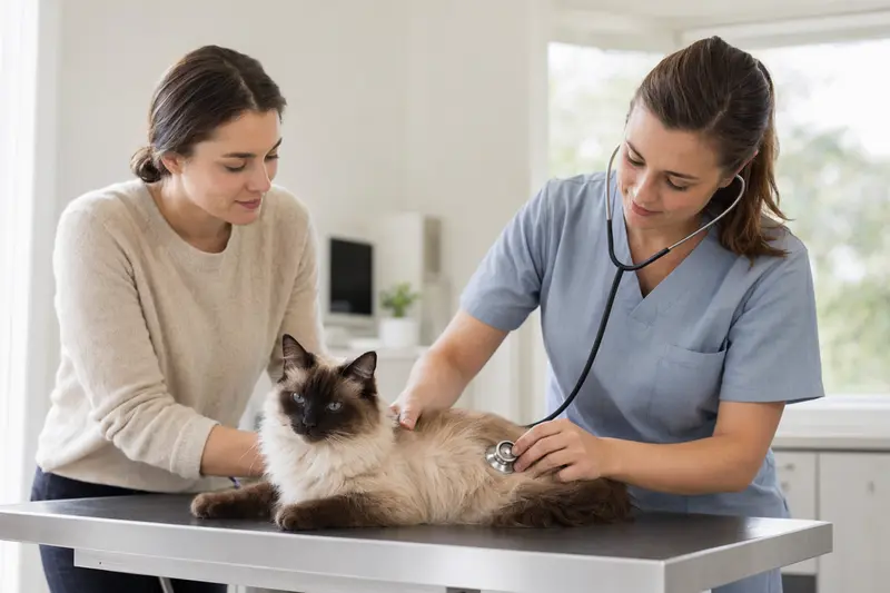 Eine Balinese Katze wird sanft von einer Tierärztin mit Stethoskop in einer modernen Praxis untersucht, während der Besitzer beruhigend danebensteht.