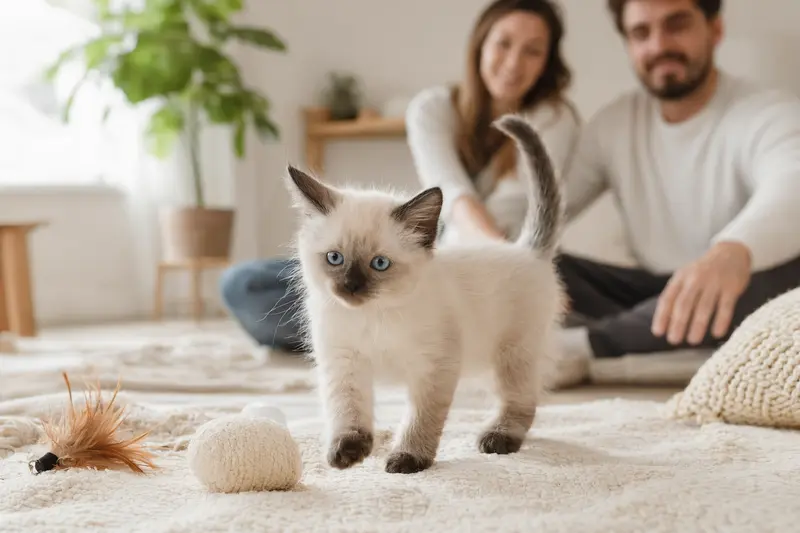Ein neugieriges Balinese Katzen Kitten erkundet sein neues Zuhause mit einer weichen Decke und Spielzeug.