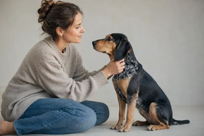 Ein aufmerksamer Balkan Bracke Hund vor hellem Hintergrund, der die typischen Merkmale dieser Rasse zeigt.