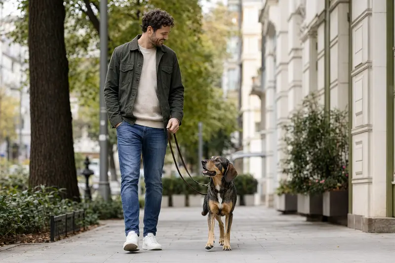 Ein Balkan Bracke Hund läuft an der Leine mit seinem Besitzer durch eine moderne Stadtstraße, umgeben von Sauberkeit und natürlichem Licht.