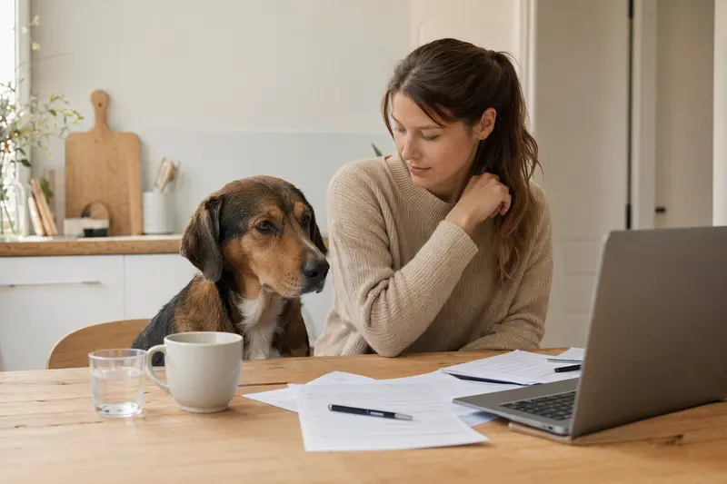 Ein Balkan Bracke Hund sitzt ruhig neben seinem Besitzer am Tisch, auf dem Versicherungsunterlagen und ein Laptop liegen.