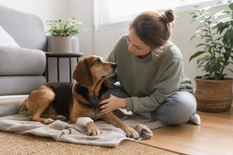 Ein entspannter Balkan Bracke Hund mit leichtem Verband an der Pfote liegt friedlich neben seinem Besitzer auf einer Decke in einer hellen Wohnung.