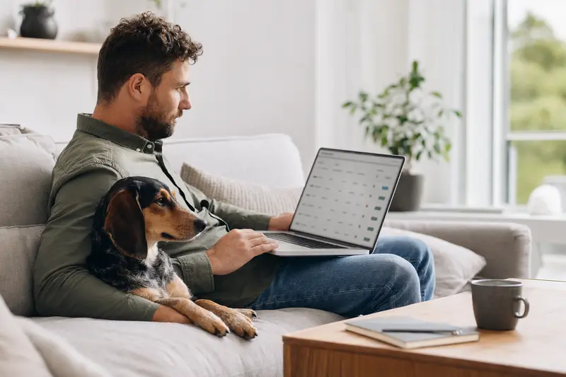 Ein Besitzer sitzt mit Laptop auf dem Sofa, während neben ihm ein Balkan Bracke Hund liegt und auf eine unklare Versicherungsvergleichsseite schaut.