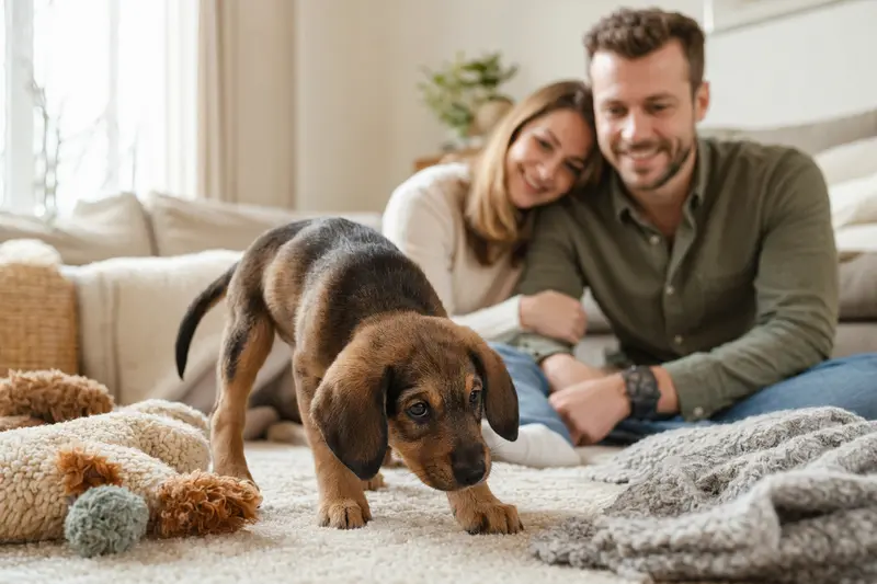 Ein junger Balkan Bracke Welpe erkundet neugierig sein neues Zuhause mit Spielzeug und einer liebevollen Familie im Hintergrund.