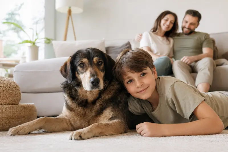 Ein Balkanski Gonic Hund liegt entspannt neben einem Kind im Wohnzimmer, umgeben von einer warmen, familiären Atmosphäre.