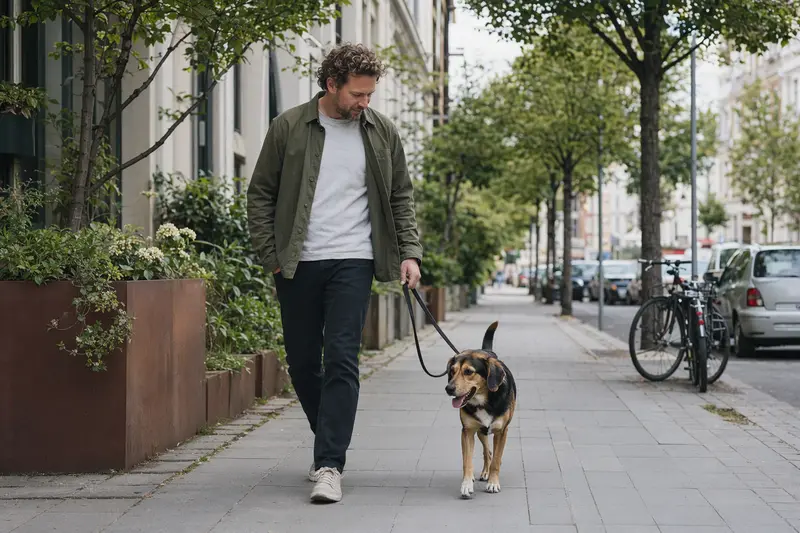Ein Balkanski Gonic Hund wird von seinem Besitzer an der Leine in einer modernen Stadtstraße geführt.