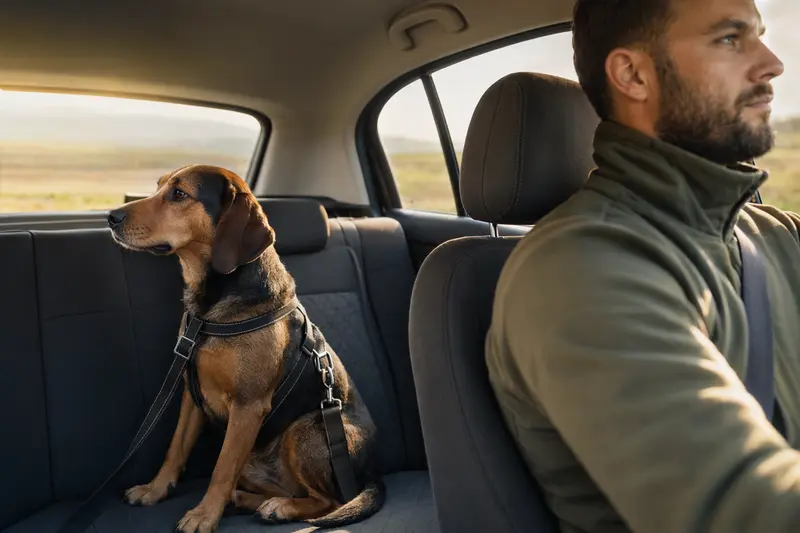 Ein Balkanski Gonic Hund sitzt sicher angeschnallt auf der Rückbank eines Autos, während sein Besitzer fährt.