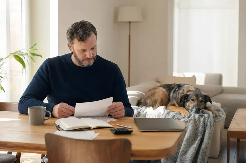 Ein entspannter Balkanski Gonic Hund liegt neben einer Tierarztrechnung auf dem Tisch, während sein Besitzer in einer hellen Wohnung sitzt.
