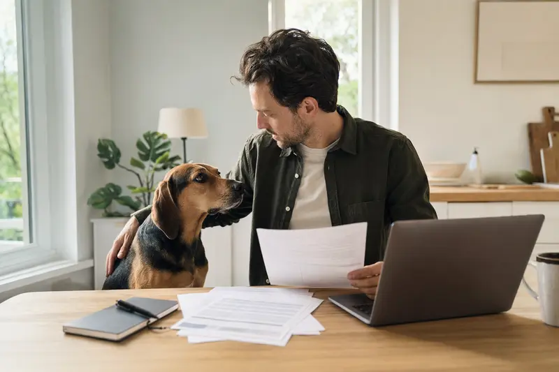 Ein ruhiger Balkanski Gonic Hund sitzt am Küchentisch neben seinem Besitzer, auf dem Tisch liegen Versicherungsunterlagen und ein Laptop mit Vergleichsseite.