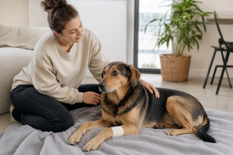 Ein Balkanski Gonic Hund mit leichtem Verband liegt entspannt auf einer Decke, während sein erleichterter Besitzer neben ihm sitzt.