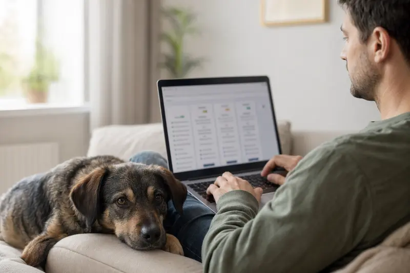 Ein Hundebesitzer arbeitet am Laptop auf dem Sofa, während sein Balkanski Gonic Hund neben ihm sitzt und eine neutrale Versicherungsvergleichsseite auf dem Bildschirm angezeigt wird.