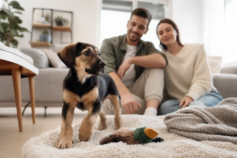 Ein junger Balkanski Gonic Welpe erkundet neugierig sein neues Zuhause mit einer weichen Decke und Spielzeug, während eine liebevolle Familie im Hintergrund zu sehen ist.