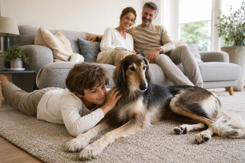 Ein entspannter Balutschi-Windhund liegt neben einem Kinder und schafft eine harmonische Familienatmosphäre.
