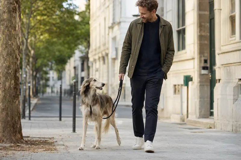 Ein Balutschi-Windhund läuft an der Leine mit seinem Besitzer durch eine moderne Stadtstraße.