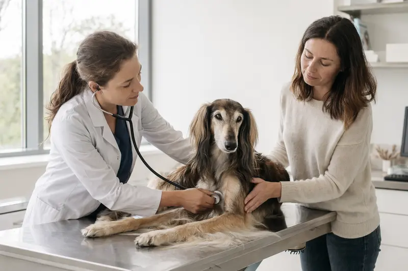 Ein ruhiger Balutschi-Windhund wird von einer freundlichen Tierärztin mit einem Stethoskop untersucht.