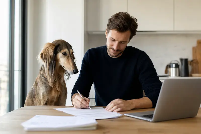 Ein Balutschi-Windhund sitzt entspannt neben seinem Besitzer am Küchentisch, auf dem Versicherungsunterlagen und ein Laptop liegen.