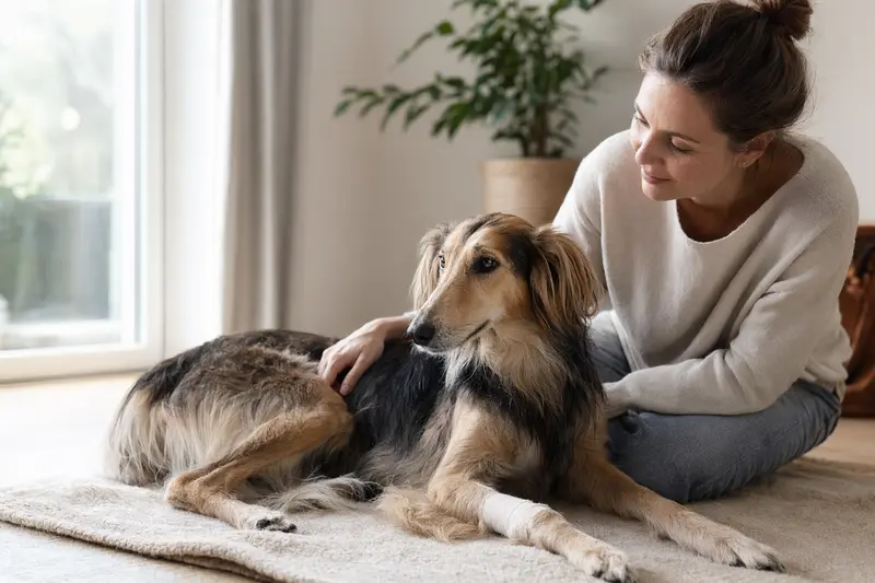 Ein beruhigter Balutschi-Windhund mit leichtem Verband an der Pfote liegt neben seinem erleichterten Besitzer in einer hellen Wohnung.
