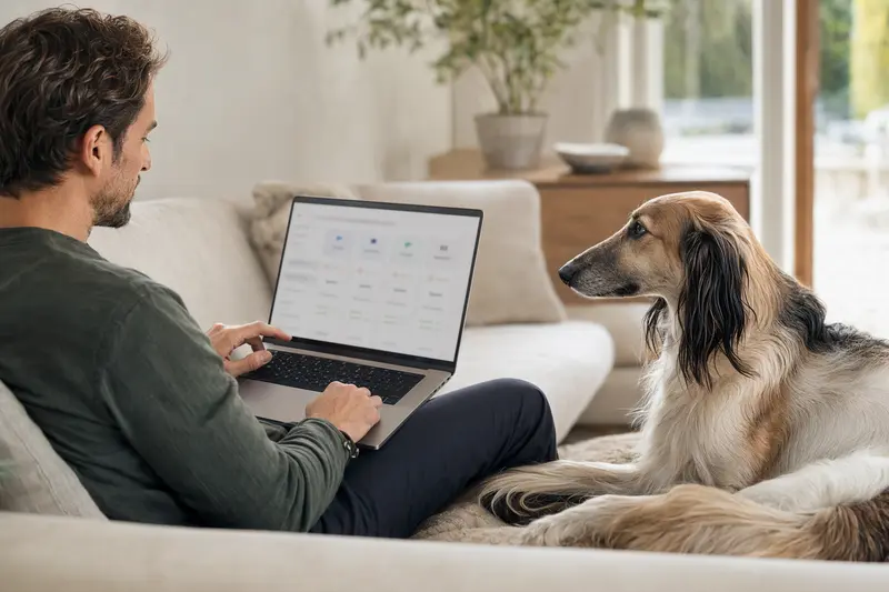 Ein Hundebesitzer mit einem Balutschi-Windhund sitzt entspannt auf dem Sofa und vergleicht Tierversicherungen auf einem Laptop.