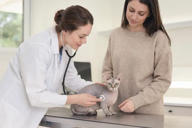Eine ruhige Bambino Katze wird von einer freundlichen Tierärztin auf einem modernen Untersuchungstisch behutsam mit einem Stethoskop untersucht, während der Besitzer beruhigend danebensteht.