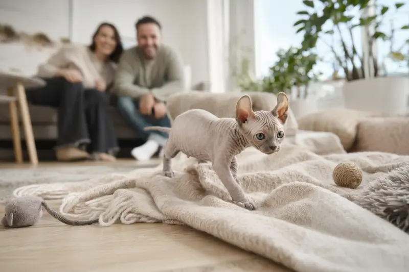 Ein neugieriges Bambino Katzen Kitten entdeckt seine neue Umgebung mit einer weichen Decke und Spielzeug.