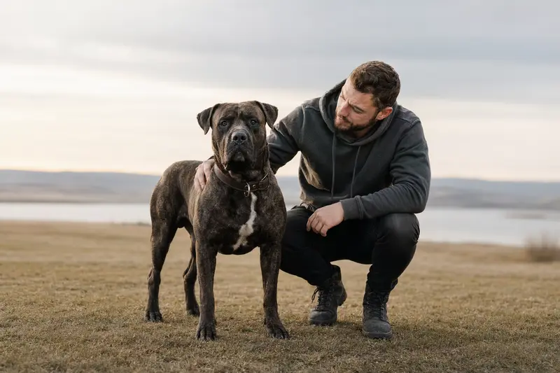Ein schöner Bandog Hund steht aufmerksam vor einem neutralen Hintergrund und zeigt seine typische Körperform und Fellstruktur.