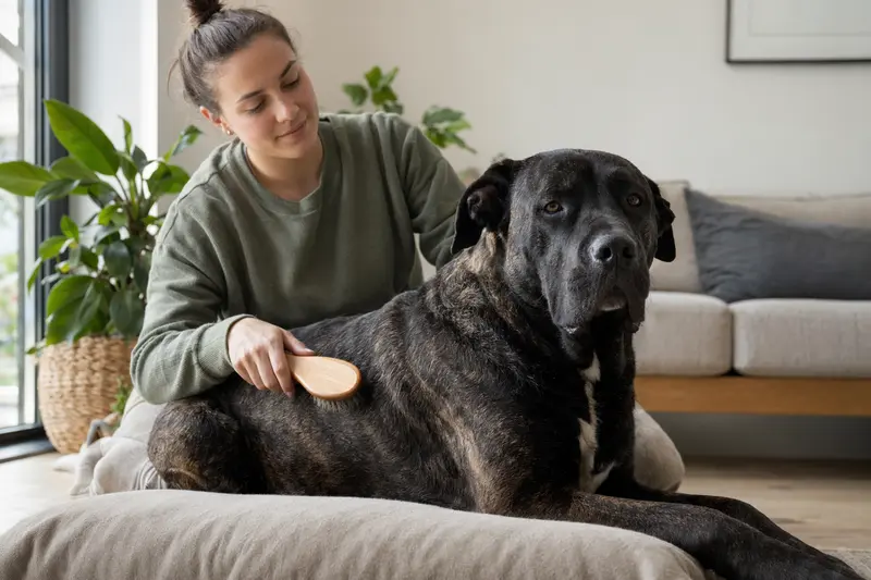 Ein Bandog Hund wird liebevoll von seinem Besitzer in einer hellen Wohnung gebürstet.