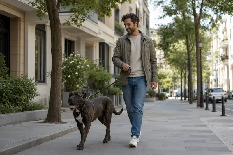 Ein Bandog Hund läuft entspannt an der Leine mit seinem Besitzer durch eine moderne Stadtstraße.