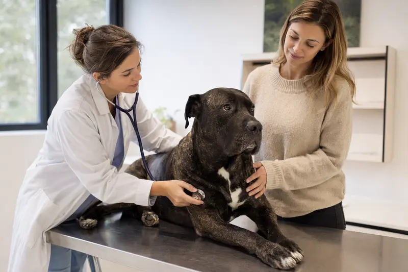 Ein ruhiger Bandog Hund wird von einer freundlichen Tierärztin mit einem Stethoskop in einer modernen Tierarztpraxis untersucht, während der Besitzer beruhigend daneben steht.