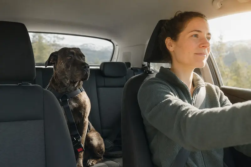 Ein Bandog Hund sitzt sicher angeschnallt auf der Rückbank eines Autos, während der Besitzer ruhig fährt.