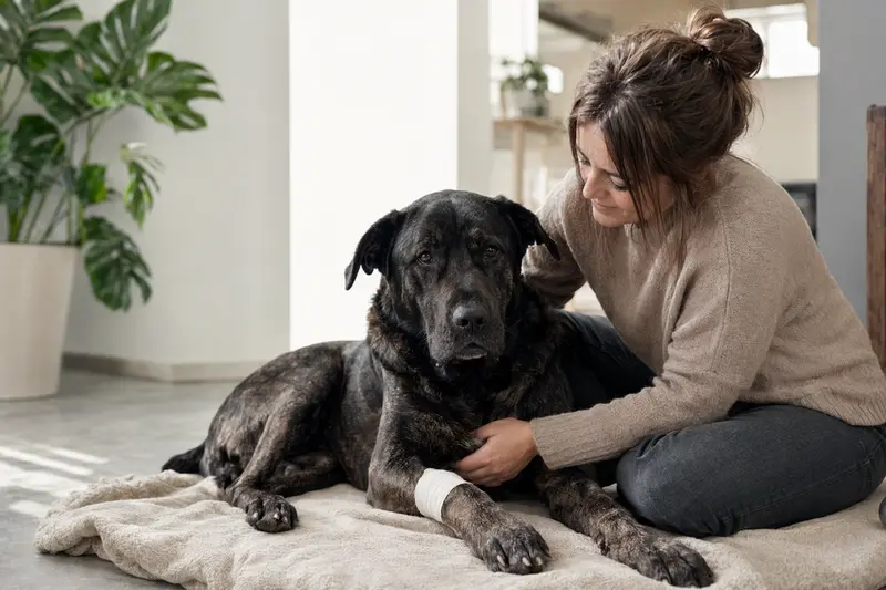 Ein Bandog Hund mit einem leichten Verband an der Pfote ruht sich in einer hellen Wohnung aus, während sein Besitzer relaxed neben ihm sitzt.