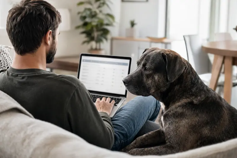 Ein Hundebesitzer arbeitet mit Laptop auf dem Sofa, während ein Bandog Hund neben ihm sitzt und die neutrale Versicherungsvergleichsseite auf dem Bildschirm betrachtet.