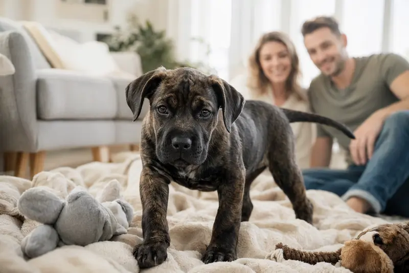 Ein junger Bandog Welpe erkundet neugierig seine gemütliche neue Wohnung mit liebevoller Familie im Hintergrund.