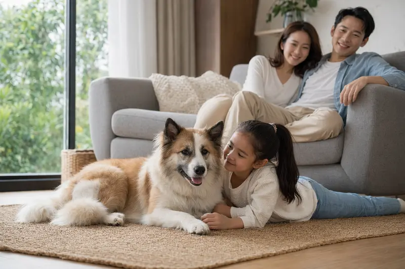 Ein entspannter Bangkaew Dog Hund liegt neben einem Kind im Wohnzimmer und vermittelt eine vertrauensvolle Familienatmosphäre.