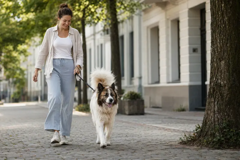 Ein Bangkaew Dog Hund läuft entspannt mit seinem Besitzer durch eine moderne Stadtstraße.