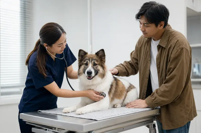 Ein ruhiger Bangkaew Dog auf einem Untersuchungstisch wird von einer freundlichen Tierärztin mit einem Stethoskop untersucht.