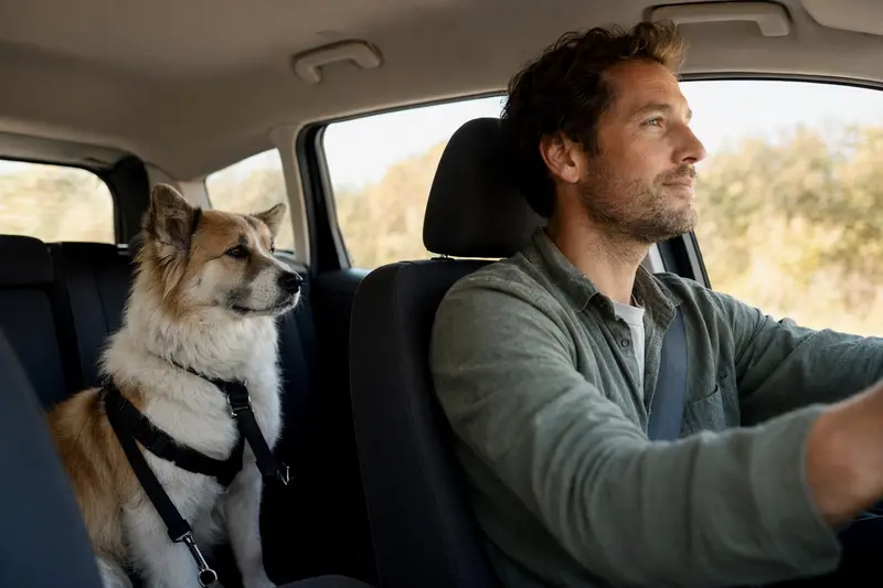 Ein Bangkaew Dog Hund sitzt sicher angeschnallt auf der Rückbank eines Autos, während der Besitzer fährt und Sonnenlicht durch das Fenster strömt.