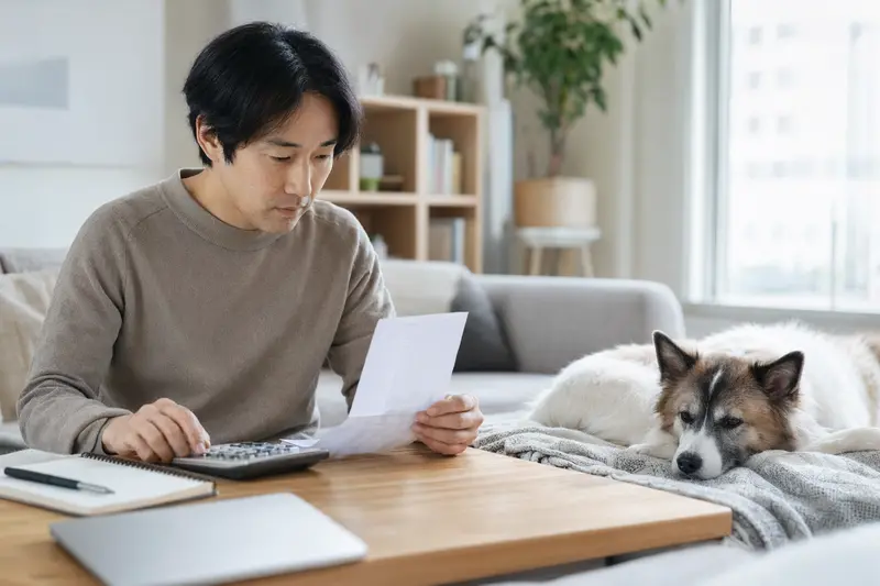 Ein entspannter Bangkaew Dog Hund liegt auf einer Decke, während sein Besitzer am Tisch mit einer Tierarztrechnung ohne Sorge sitzt.