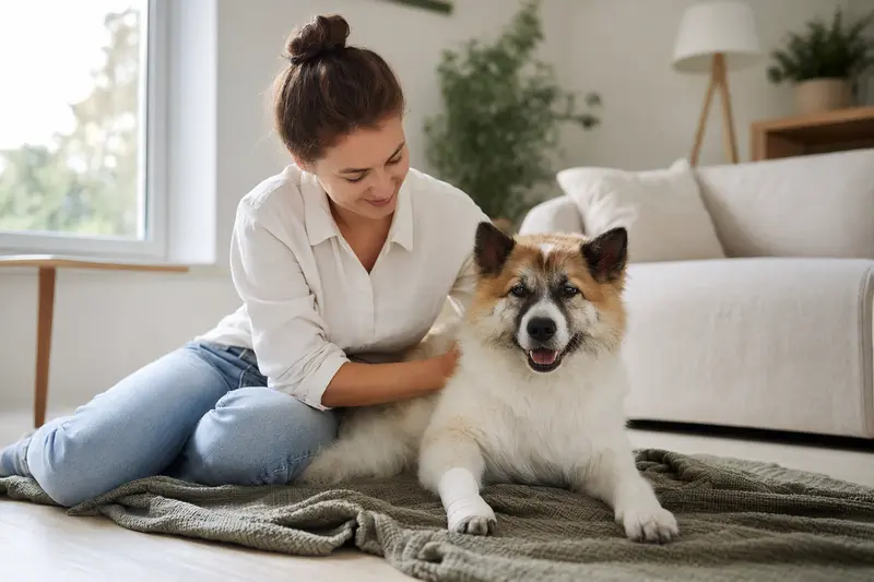 Ein Bangkaew Dog mit leichtem Verband an der Pfote liegt entspannt auf einer Decke, während sein Besitzer beruhigt neben ihm sitzt.