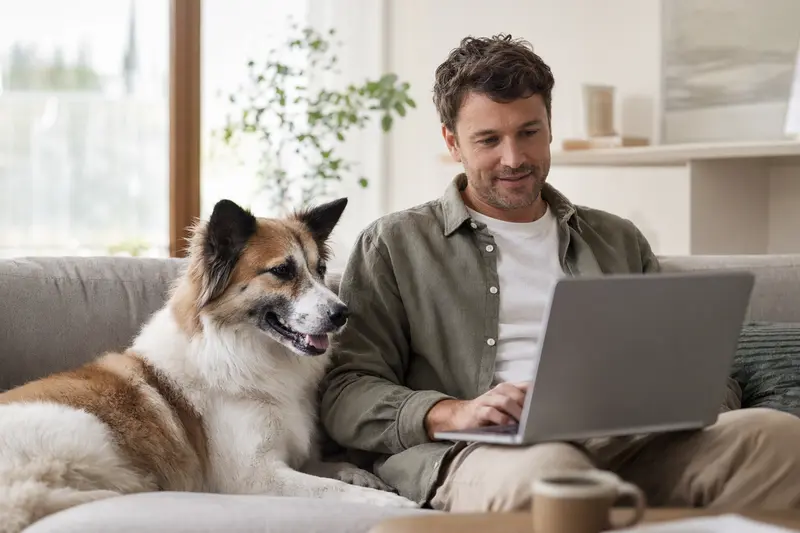 Ein Besitzer arbeitet am Laptop auf dem Sofa, während ein Bangkaew Dog Hund entspannt daneben sitzt, mit unscharfer Oberfläche eines Versicherungsvergleichs im Hintergrund.