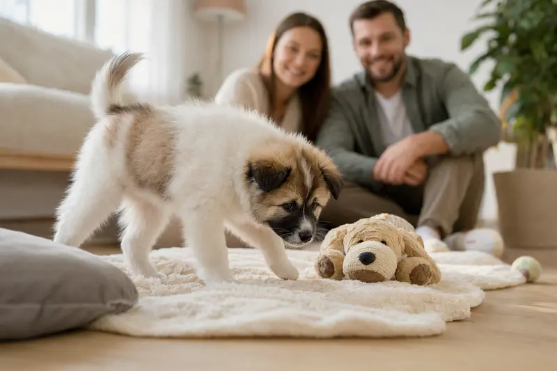 Ein neugieriger Bangkaew Dog Welpe erkundet seine weiche Decke und das Spielzeug in einer hellen Wohnung mit seiner liebevollen Familie im Hintergrund.