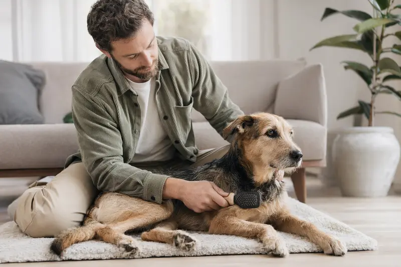 Ein Barac Hund wird in einer hellen Wohnung liebevoll gebürstet, während sein Besitzer sich um die Fellpflege kümmert.