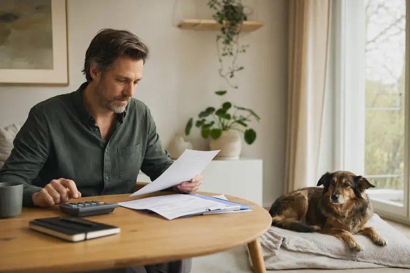 Ein entspannter Barac Hund liegt neben einer Tierarztrechnung auf einem Tisch in einer hellen Wohnung.