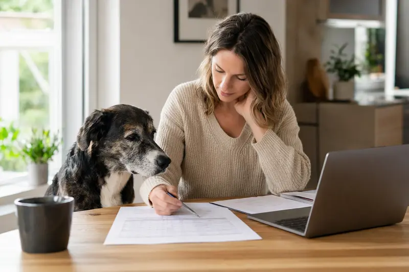 Ein Barac Hund sitzt entspannt neben seinem Besitzer am Küchentisch, auf dem Versicherungsunterlagen und ein Laptop liegen.