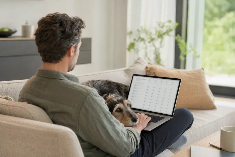 Ein Hundebesitzer sitzt mit einem Laptop auf dem Sofa, während ein Barac Hund neben ihm liegt, umgeben von einer hellen und ruhigen Wohnung.