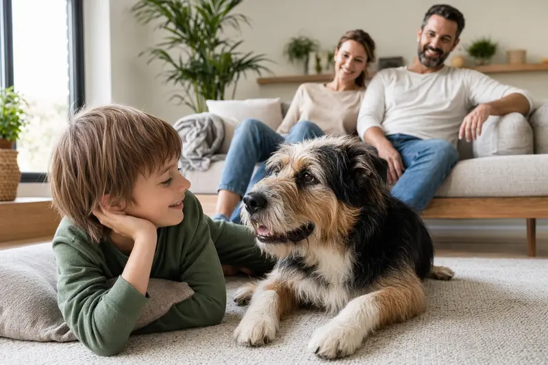 Ein Barak Hund liegt entspannt neben einem Kind im Wohnzimmer, umgeben von einer warmen, familiären Atmosphäre.