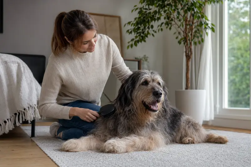 Ein Barak Hund wird liebevoll zuhause gebürstet.